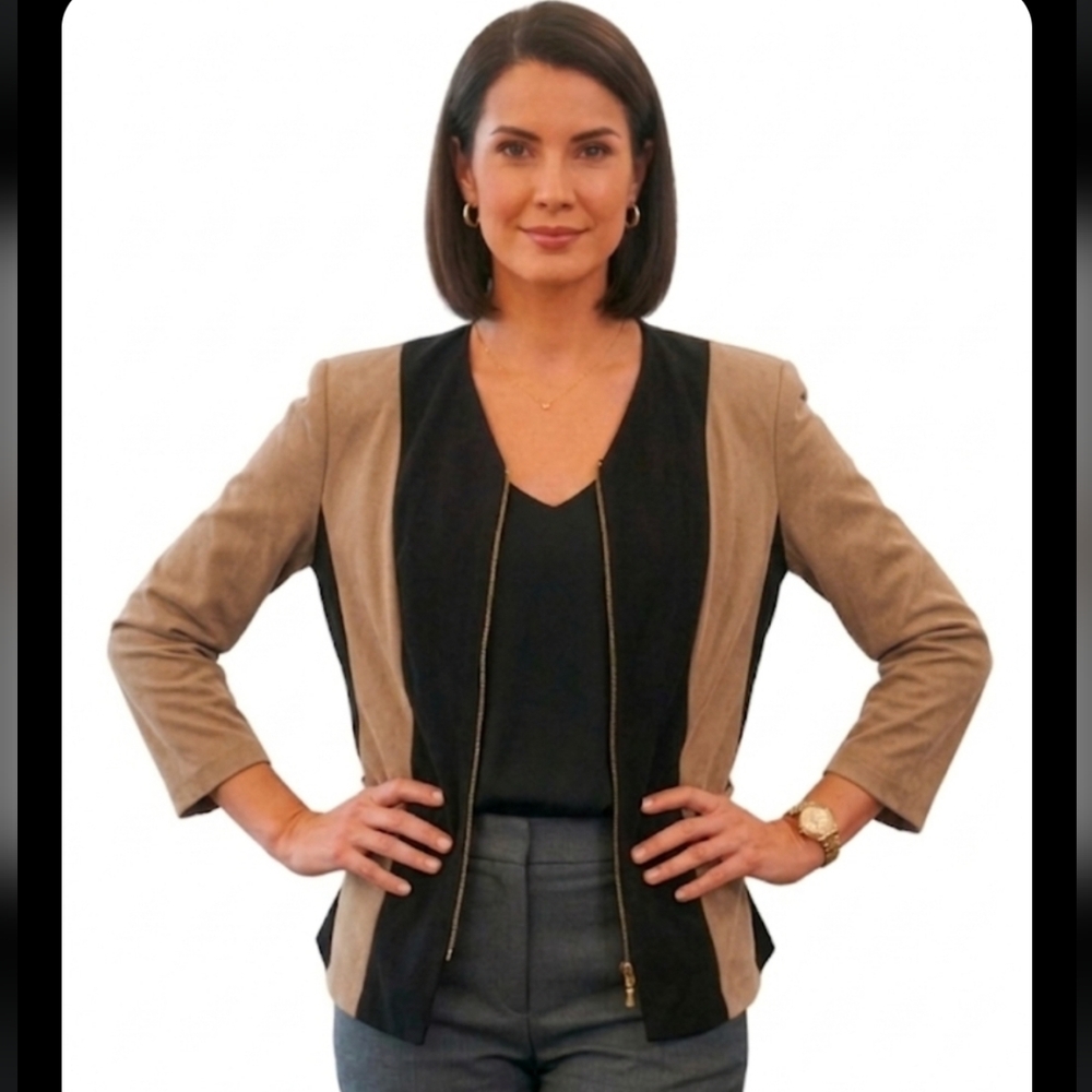 Vintage Donna Ricco Sport Two Tone Long Sleeve Zip Up Blazer Sz 16 Camel Black